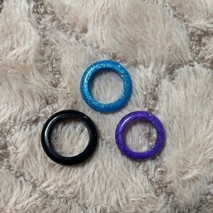 Set of Three Glittery Rings - Blue, Purple, Black (handmade)